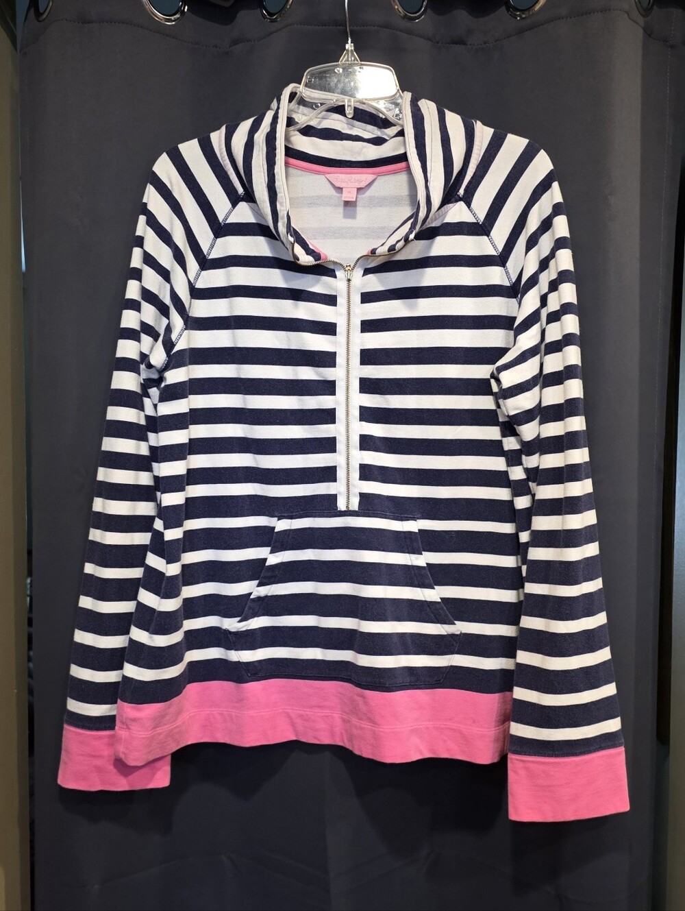 Lilly Pulitzer Navy and White Striped Half-Zip Sweater with Pink Trim XL